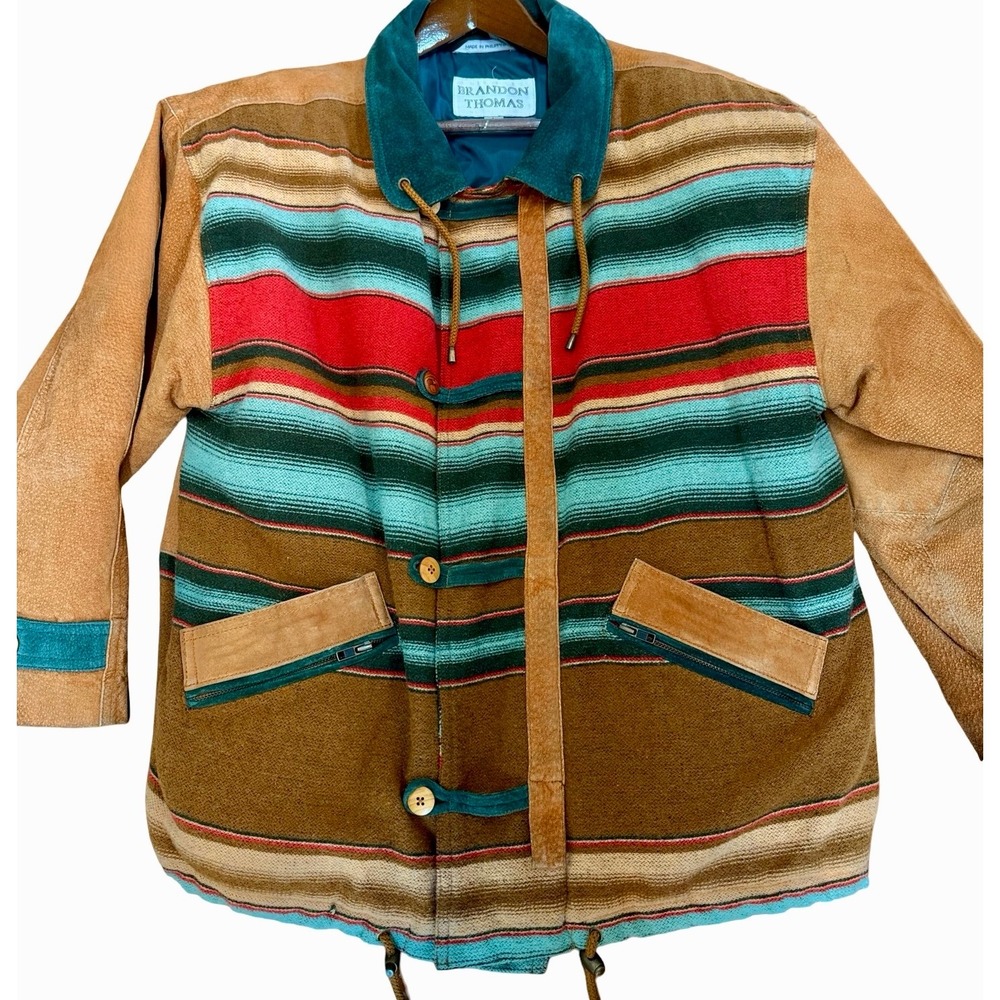 Brandon Thomas Vintage Southwestern Blanket Jacket Suede Trim L Boho